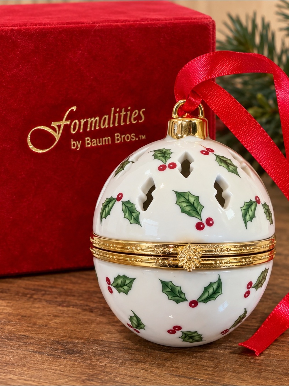 Formalities by Baum Bros Porcelain Holly Christmas Ornament Trinket Box